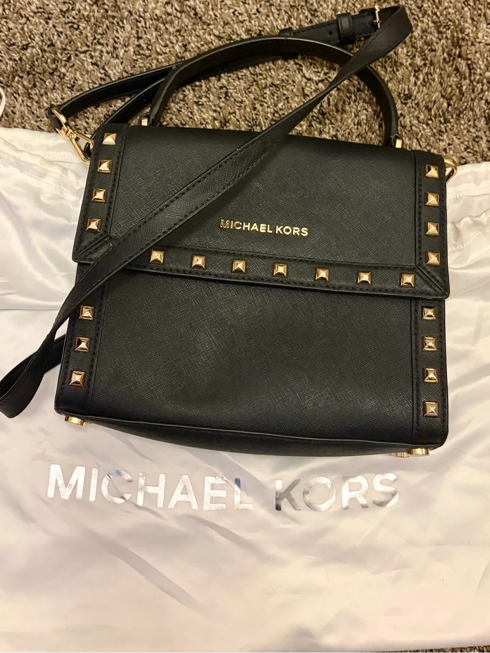 MICHAEL KORS Black Leather Studded Crossbody Bag with Gold Hardware